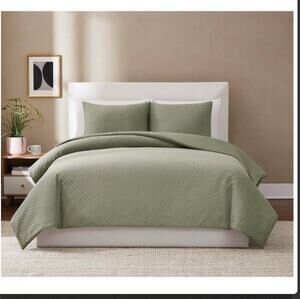 Brooklyn Loom Cotton Woven Texture 3 Piece Duvet Set- Green- Cp. $160
